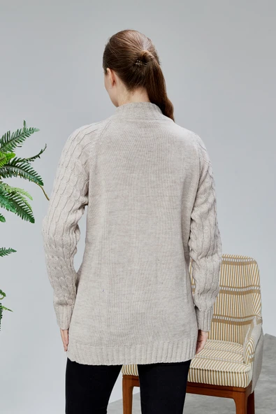 Lugmo Kadın Triko Hırka Fermuarlı Cepli Standart Beden Taş Rengi - Resim 5