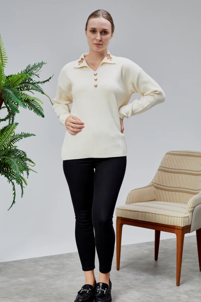 Kadın Polo Yaka Oversize Çiçek Nakışlı Triko Kazak Ekru - Resim 15