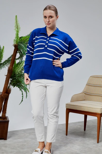 Kadın Polo Yaka Oversize Çizgili 4 Düğmeli Triko Kazak Saks Mavi - Resim 5