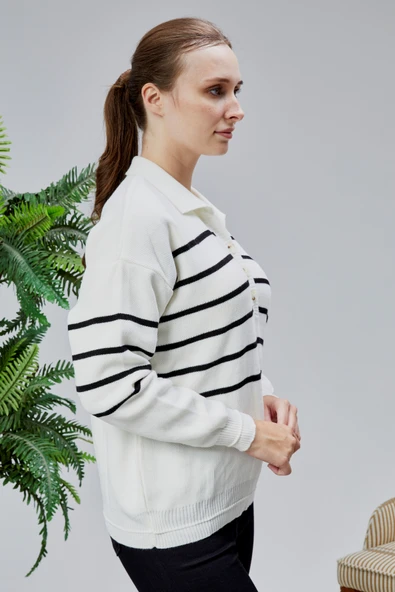 Kadın Polo Yaka Oversize Çizgili 4 Düğmeli Triko Kazak Ekru - 6
