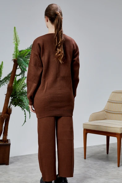 Kadın Triko Takım Taşlı Standart Beden Kahverengi - Resim 11