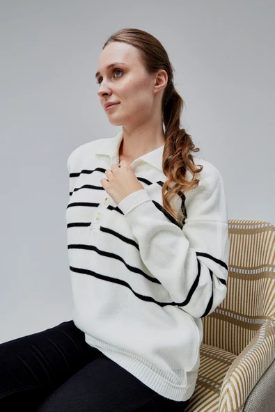Kadın Polo Yaka Oversize Çizgili 4 Düğmeli Triko Kazak Ekru - 8