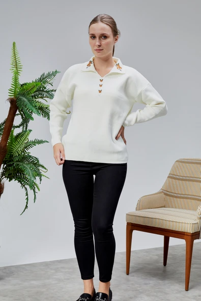 Kadın Polo Yaka Oversize Çiçek Nakışlı Triko Kazak Ekru - Resim 5