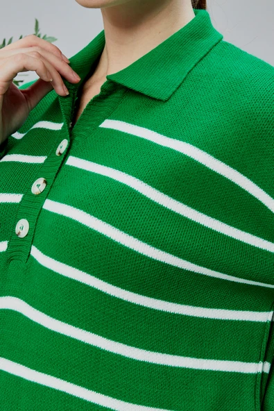 Kadın Polo Yaka Oversize Çizgili 4 Düğmeli Triko Kazak Yeşil - Resim 12