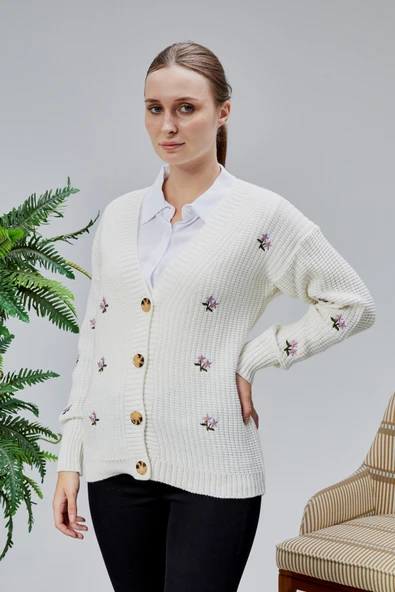 Lugmo Kadın Triko Hırka Çiçek Nakışlı Standart Beden Ten - Resim 9