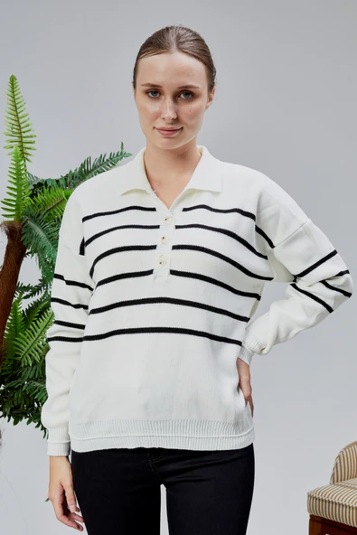 Kadın Polo Yaka Oversize Çizgili 4 Düğmeli Triko Kazak Ekru - 1