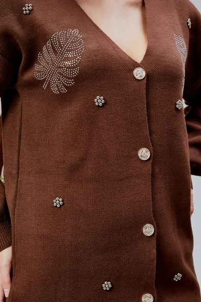 Kadın Triko Takım Taşlı Standart Beden Kahverengi - Resim 13