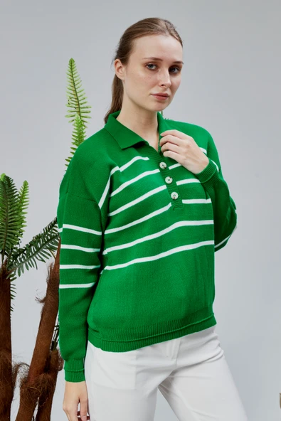 Kadın Polo Yaka Oversize Çizgili 4 Düğmeli Triko Kazak Yeşil - Resim 9