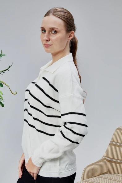 Kadın Polo Yaka Oversize Çizgili 4 Düğmeli Triko Kazak Ekru - 2