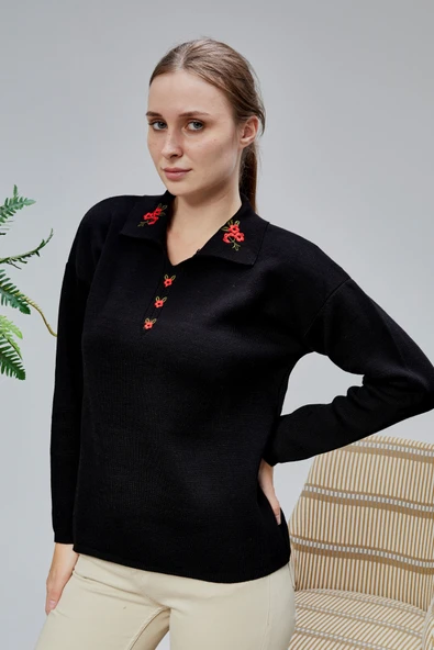 Kadın Polo Yaka Oversize Çiçek Nakışlı Triko Kazak Siyah - Resim 3