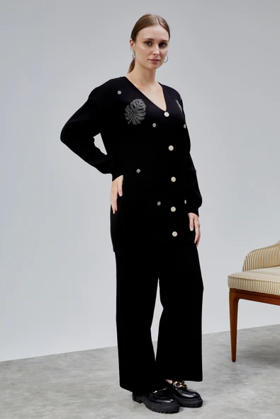 Kadın Triko Takım Taşlı Standart Beden Siyah ürün görseli