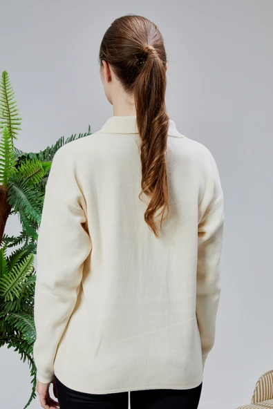 Kadın Polo Yaka Oversize Çiçek Nakışlı Triko Kazak Ekru - Resim 14