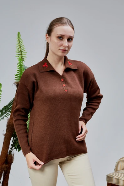 Kadın Polo Yaka Oversize Çiçek Nakışlı Triko Kazak Kahverengi - Resim 8