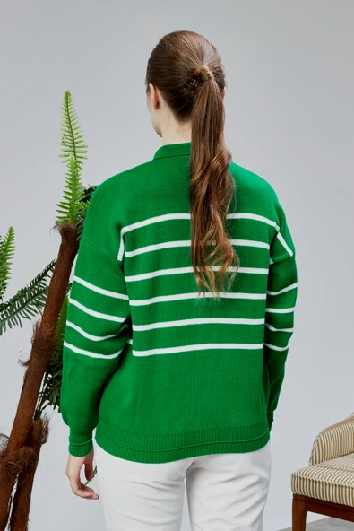 Kadın Polo Yaka Oversize Çizgili 4 Düğmeli Triko Kazak Yeşil - Resim 11