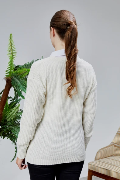 Lugmo Kadın Triko Hırka Çiçek Nakışlı Standart Beden Ten - Resim 14