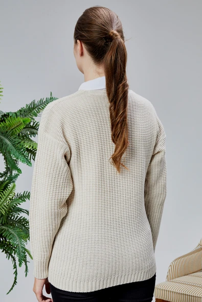 Lugmo Kadın Triko Hırka Çiçek Nakışlı Standart Beden Ten - Resim 8