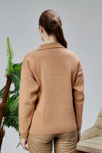 Kadın Polo Yaka Oversize Çiçek Nakışlı Triko Kazak Vizon - 5