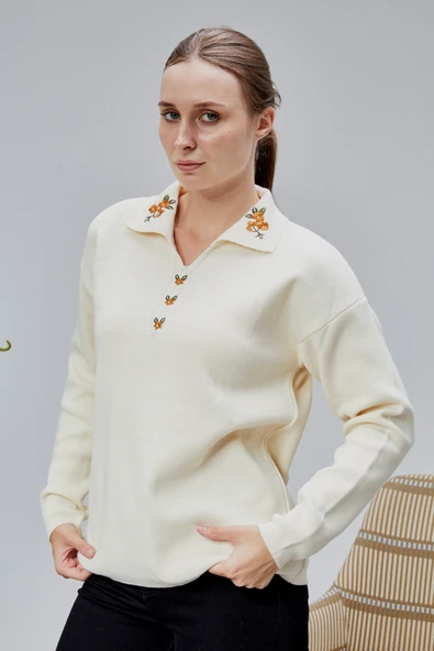 Kadın Polo Yaka Oversize Çiçek Nakışlı Triko Kazak Ekru - Resim 9