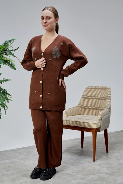 Kadın Triko Takım Taşlı Standart Beden Kahverengi - Resim 9