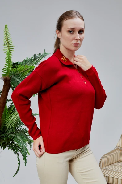 Kadın Polo Yaka Oversize Çiçek Nakışlı Triko Kazak Kırmızı - Resim 5