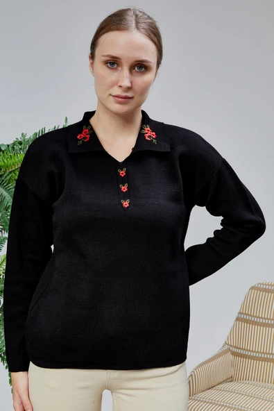 Kadın Polo Yaka Oversize Çiçek Nakışlı Triko Kazak Siyah - Resim 10