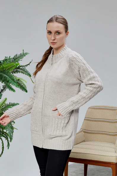 Lugmo Kadın Triko Hırka Fermuarlı Cepli Standart Beden Taş Rengi - Resim 7