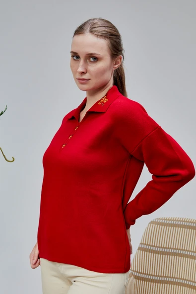 Kadın Polo Yaka Oversize Çiçek Nakışlı Triko Kazak Kırmızı - Resim 2