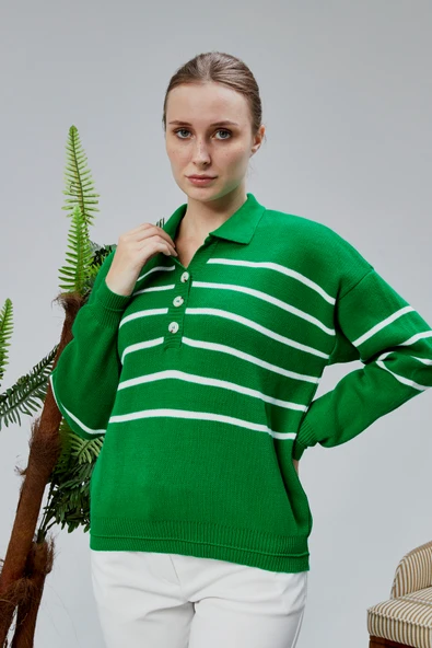 Kadın Polo Yaka Oversize Çizgili 4 Düğmeli Triko Kazak Yeşil - Resim 10