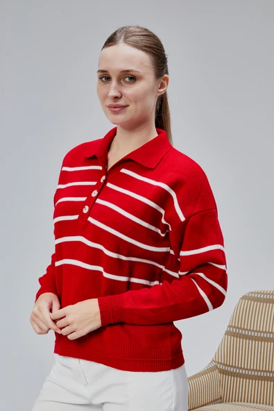 Kadın Polo Yaka Oversize Çizgili 4 Düğmeli Triko Kazak Kırmızı - Resim 5