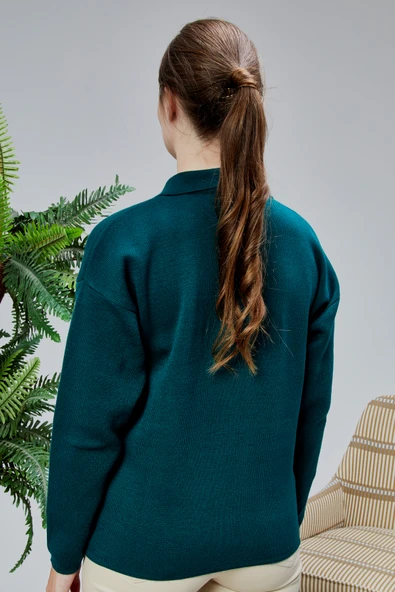 Kadın Polo Yaka Oversize Çizgili 4 Düğmeli Triko Kazak Yeşil - Resim 4