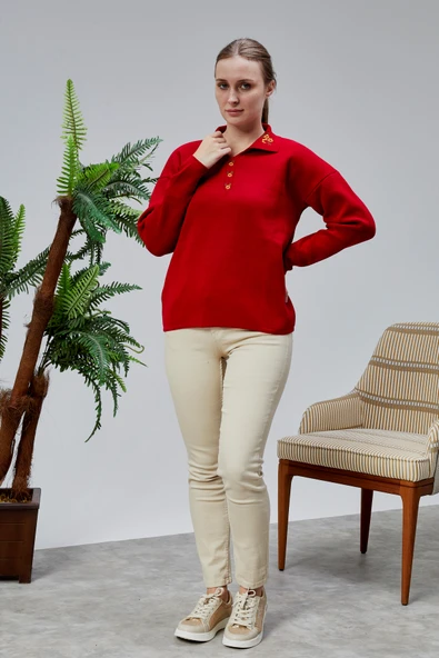 Kadın Polo Yaka Oversize Çiçek Nakışlı Triko Kazak Kırmızı - Resim 6