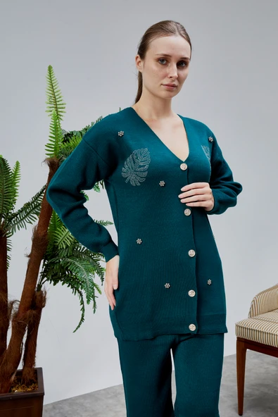 Kadın Triko Takım Taşlı Standart Beden Petrol Yeşili - Resim 6