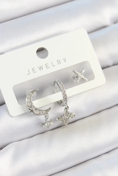 CEYLAN ADAM Pirinç Zirkon Taşlı Çiçek Ve Ay Model Gümüş Renk 3'lü Çift Kadın Küpe Set ürün görseli 1