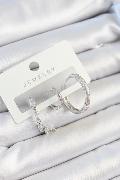 CEYLAN ADAM Pirinç Zirkon Taşlı Sallantılı Model Gümüş Renk 3'lü Çift Kadın Küpe Set ürün görseli 1