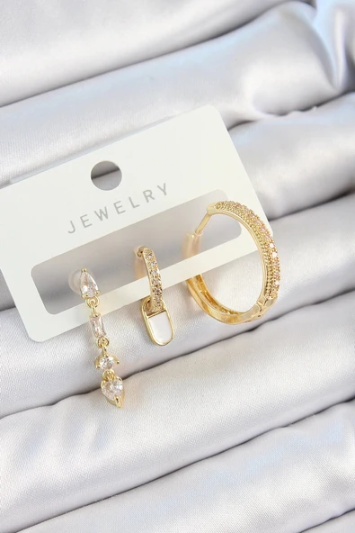 CEYLAN ADAM Pirinç Zirkon Taşlı Sallantılı Model Gold Renk 3'lü Çift Kadın Küpe Set ürün görseli 1