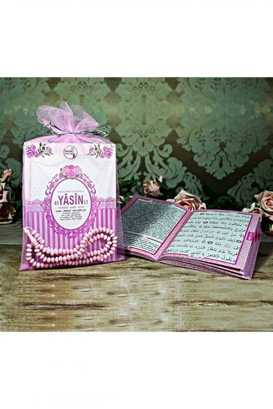 Yasin Kitabı Pembe Tül Kese İçinde Tesbihli Çanta Boy