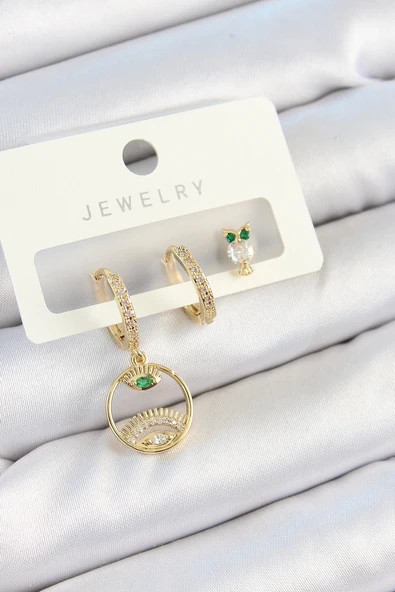 CEYLAN ADAM Pirinç Zirkon Taşlı Göz Ve Baykuş Model Gold Renk 3'lü Çift Kadın Küpe Set ürün görseli 1