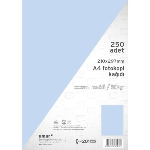 Umur Renkli Fotokopi Kağıdı Okyanus Mavisi Renk A4 250'li