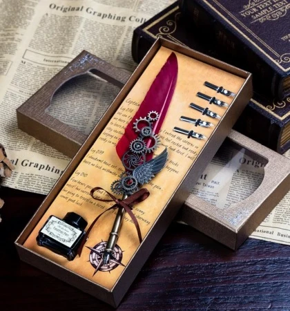 Kuş Tüylü Mühürlü Dolma Kalem Seti Bordo