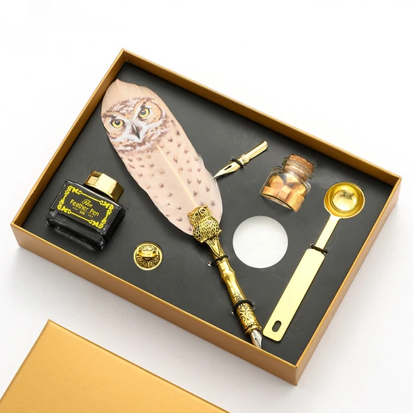 Baykuş Desenli Mühürlü Dolma Kalem Seti Pudra Renk