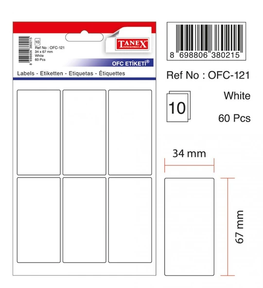 Tanex Beyaz Etiket  Ölçü : 34×67 Mm Ofc-121