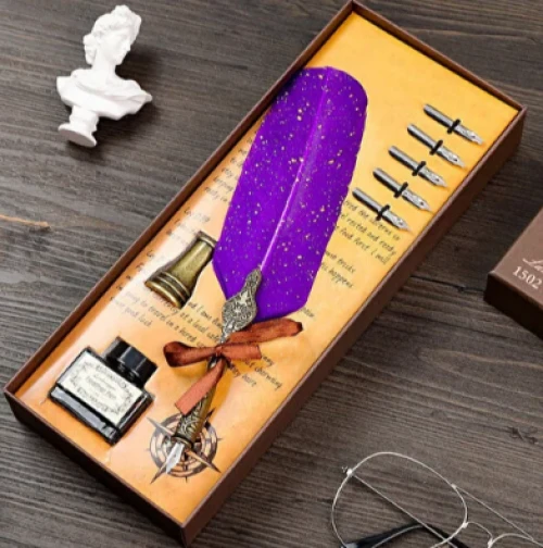 Tüylü Mühürlü Divit Dolma Kalem Seti Mor