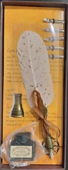 Tüylü Mühürlü Divit Dolma Kalem Seti Beyaz