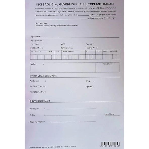 Kocaoluk İşçi Sağlığı Ve Güvenliği Kurulu Toplantı Karar Defteri (3x30 Otokopili) - 2