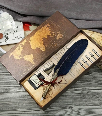 Tüylü Mühürlü Divit Dolma Kalem Seti Siyah