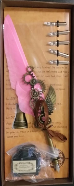 Tüylü Mühürlü Divit Dolma Kalem Seti Pembe