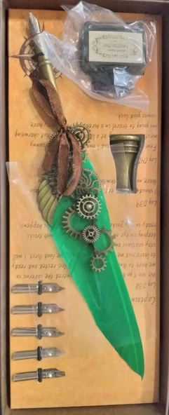 Tüylü Mühürlü Divit Dolma Kalem Seti Yeşil