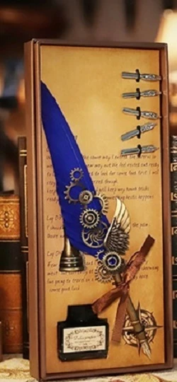 Tüylü Mühürlü Divit Dolma Kalem Seti Mavi