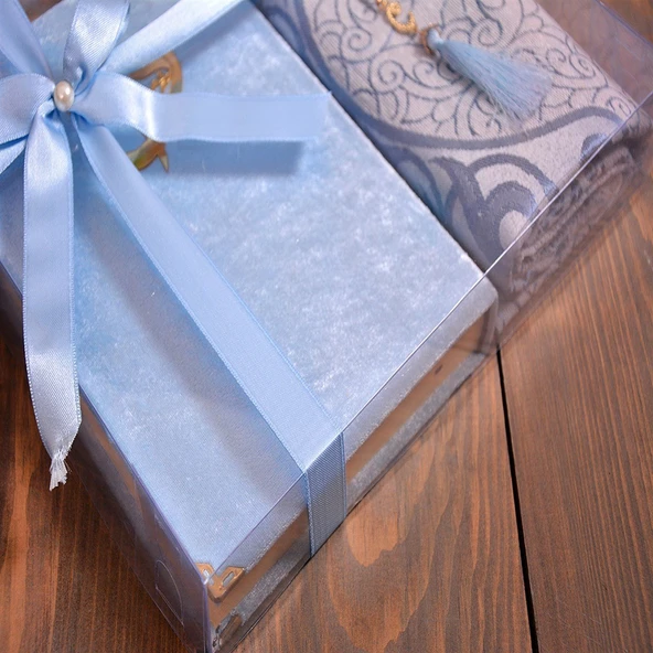 Kadife Kuranı Kerim İnci Tesbihli Simli Goblen Seccadeli Bebe Mavi Renk - 2