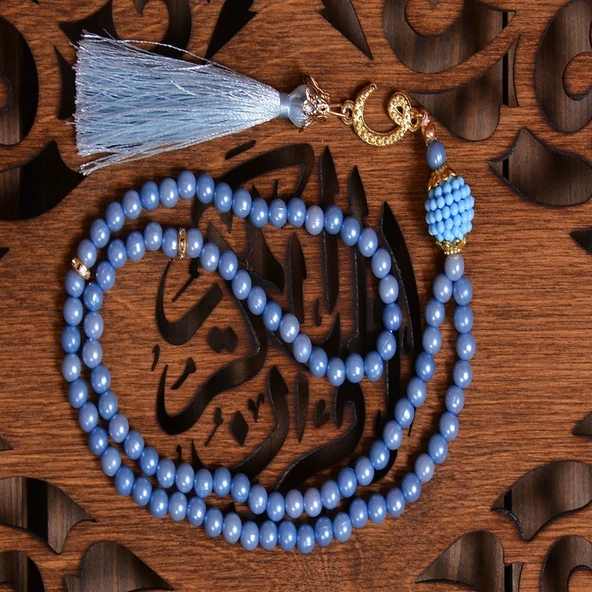 Kadife Kuranı Kerim İnci Tesbihli Simli Goblen Seccadeli Bebe Mavi Renk - 3